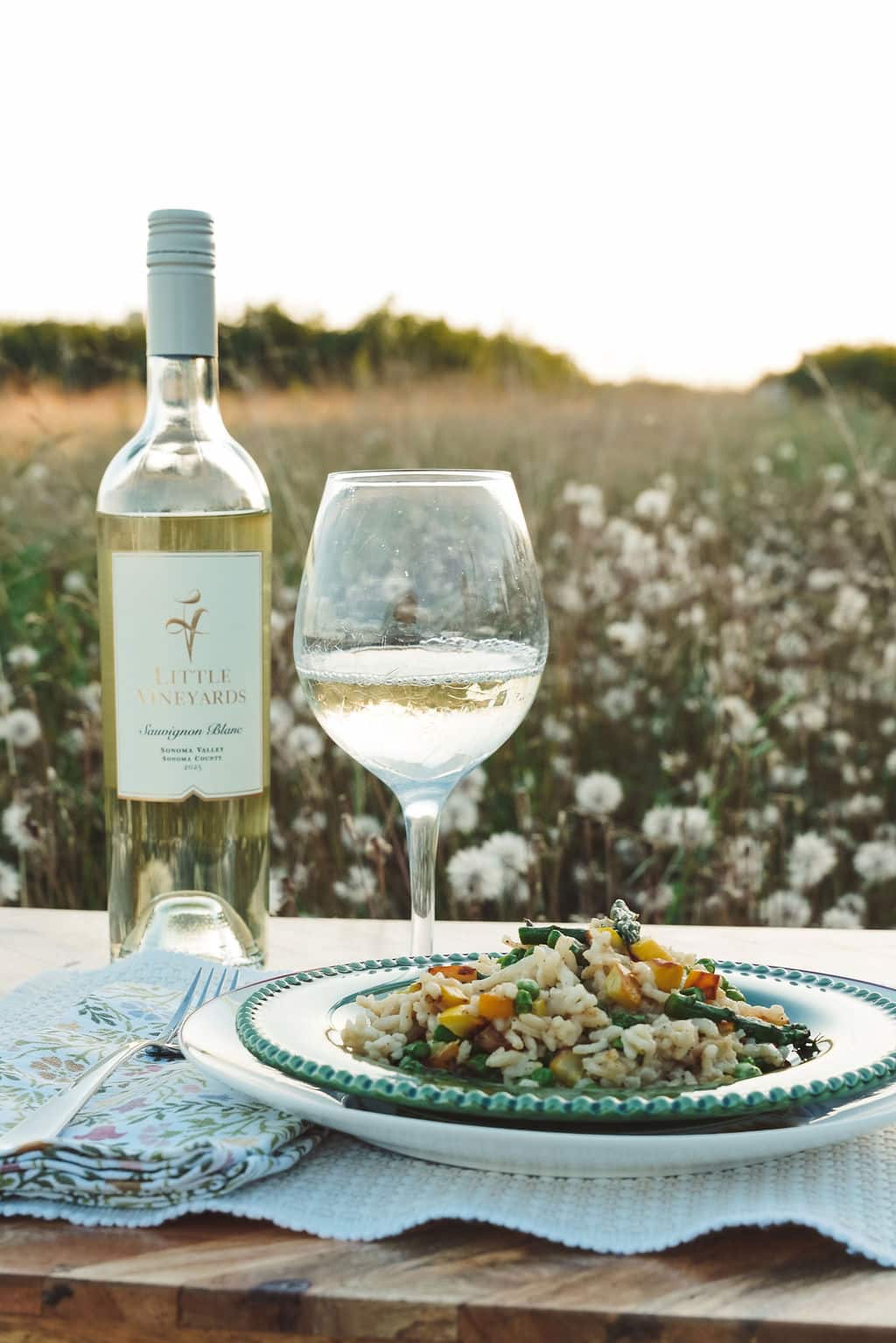 Plated roasted pork with vegetables with a glass of wine and a bottle of bottle in a Fall setting