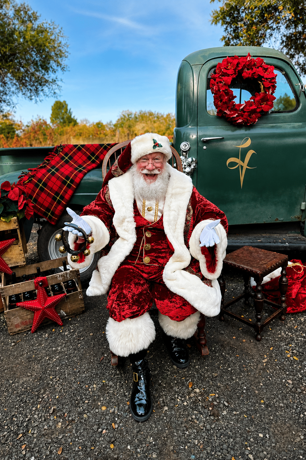 Santa sitting in front of the vintage LV green truck
